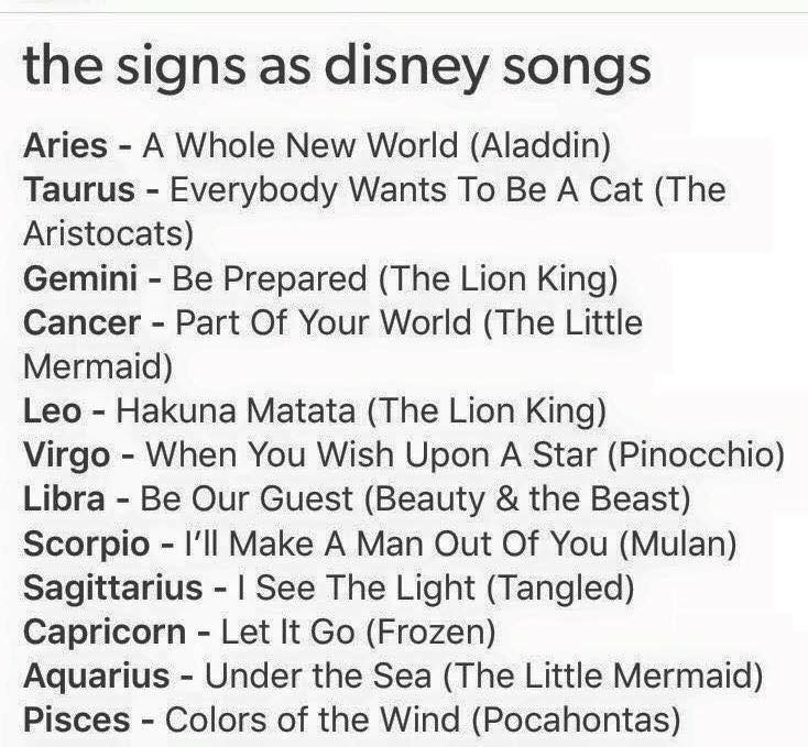 the signs as disney songs
